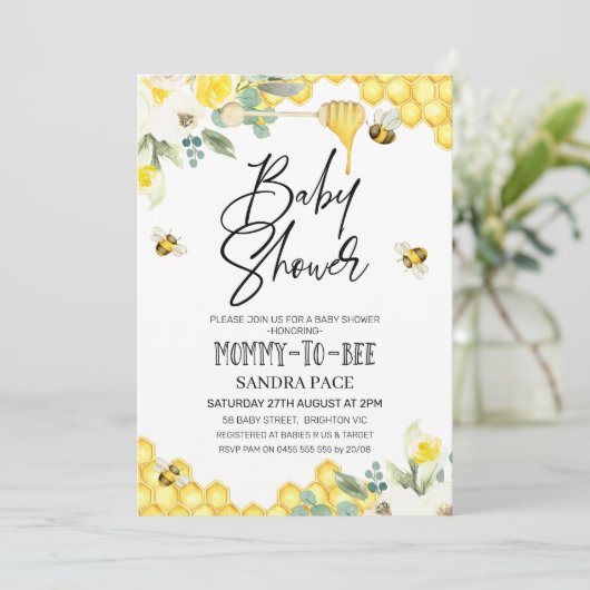 Blumensträuße Bee Themed Baby Dusche Einladung (Stehend Vorderseite)
