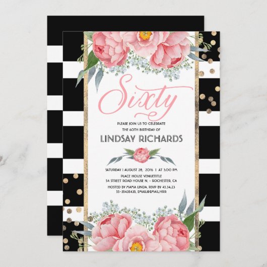 Blumenstreifen Moderne Gold Dekoration 60 Geburtst Einladung (Vorne/Hinten)