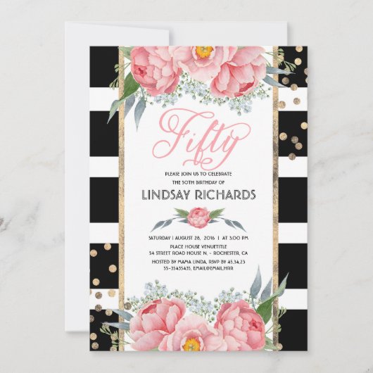 Blumenstreifen Moderne Goldene Dekoration 50 Gebur Einladung (Vorderseite)