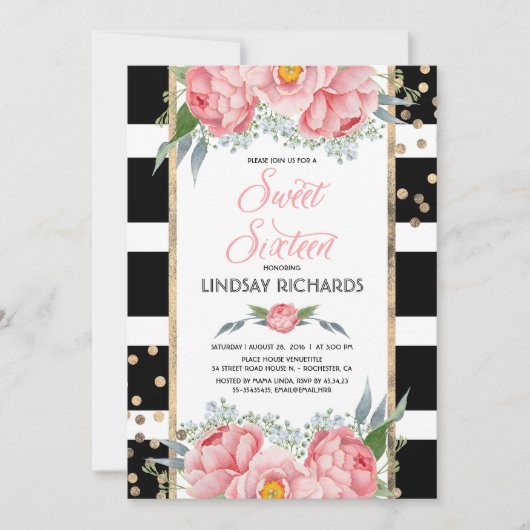 Blumenstreifen Modernes Gold Dekor Sweet 16 Geburt Einladung (Vorderseite)
