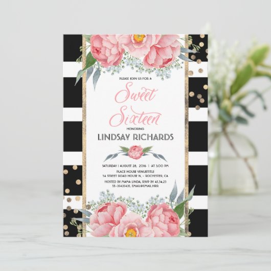 Blumenstreifen Modernes Gold Dekor Sweet 16 Geburt Einladung (Stehend Vorderseite)