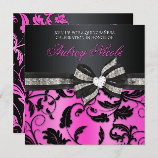 Blumenstrudel Quinceañera laden mit Jeweled Bogen Einladung (Vorne/Hinten)