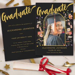 Blumenstudium Foto Black Gold Script Grad Party Einladung