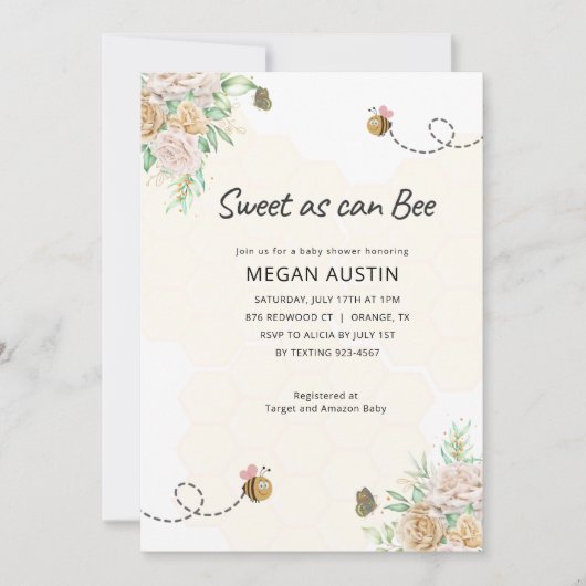 Blumensüß als Can Bee Honeycomb Babydusche Einladung (Vorderseite)