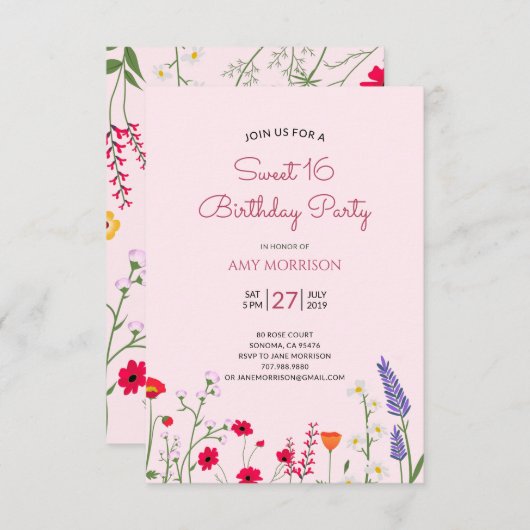 Blumensüße 16 Geburtstagsparty Einladung (Vorne/Hinten)