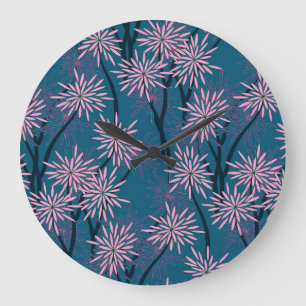 Blumentapete: Asiatisch marineblau, rosa. Große Wanduhr