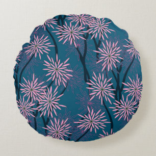 Blumentapete: Asiatisch marineblau, rosa. Rundes Kissen