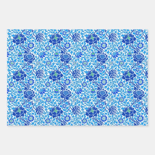 Blumentapete, blau, grün und orange geschenkpapier set (Vorderseite)