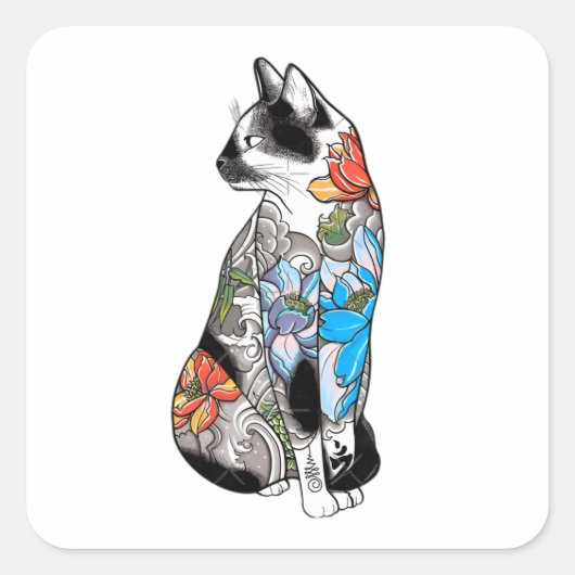 Blumentattoo Cat Illustration - Lebhaft, künstleri Quadratischer Aufkleber (Vorderseite)