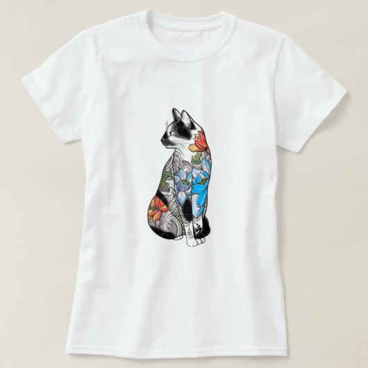 Blumentattoo Cat Illustration - Lebhaft, künstleri T-Shirt (Design vorne)