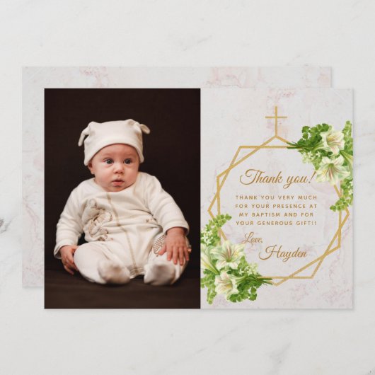 Blumentaufen Weißer Lilies Marmorgoldkreuz Dankeskarte (Vorne/Hinten)