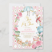 Blumentee für zwei Alicen im Wunderland zum Geburt Einladung (Vorderseite)