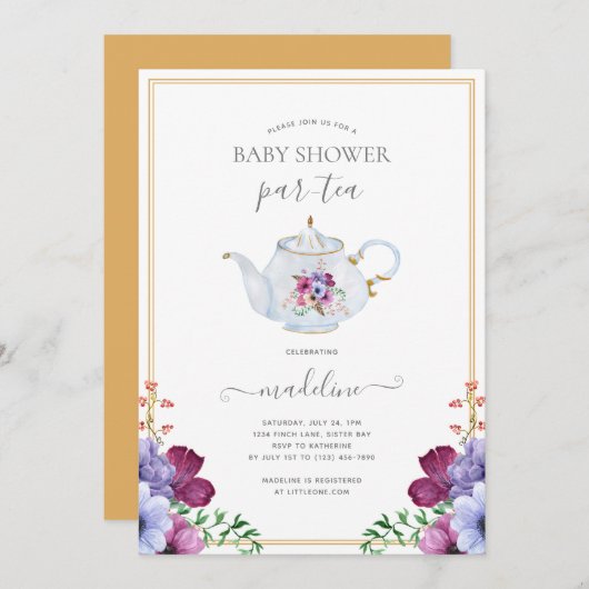 Blumentee Party Babydusche Einladung (Vorne/Hinten)