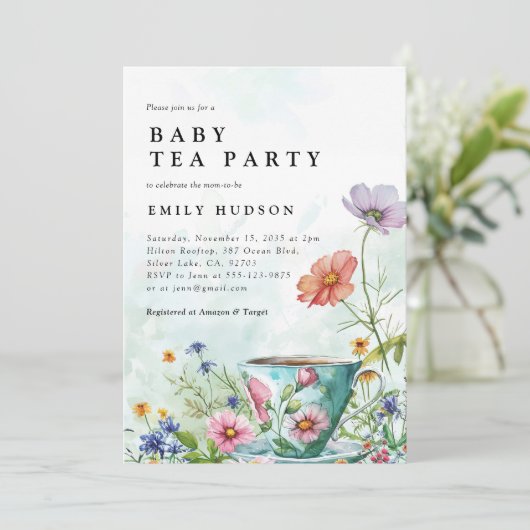 Blumentee Party Kinderdusche Einladung (Stehend Vorderseite)