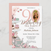 Blumentee Party Rosa Custom Foto 90. Geburtstag Einladung (Vorne/Hinten)