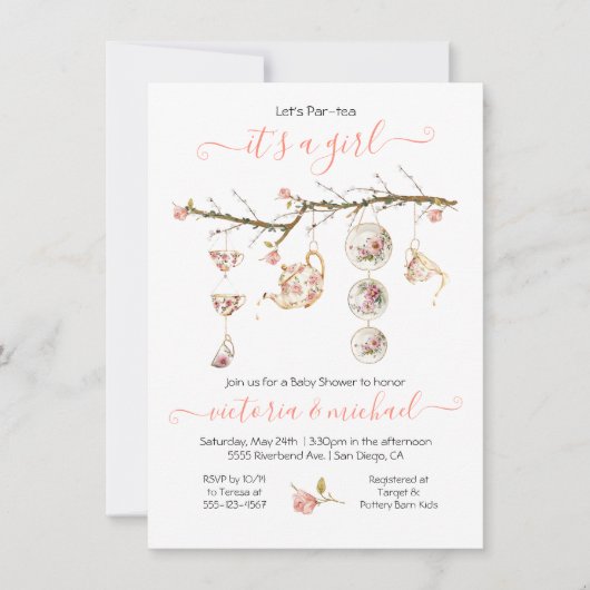Blumentee Party Zweig Babydusche Einladung (Vorderseite)