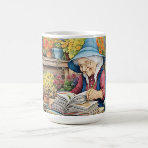 Blumentopf Garten Dame liest Buch zwischen Blumen Kaffeetasse