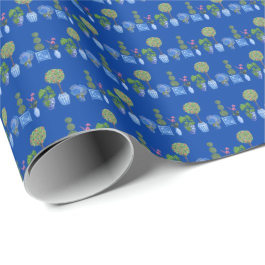Blumentopf-Verpackungspapier (auf Blau) Geschenkpapier (Rolleneckpunkt)