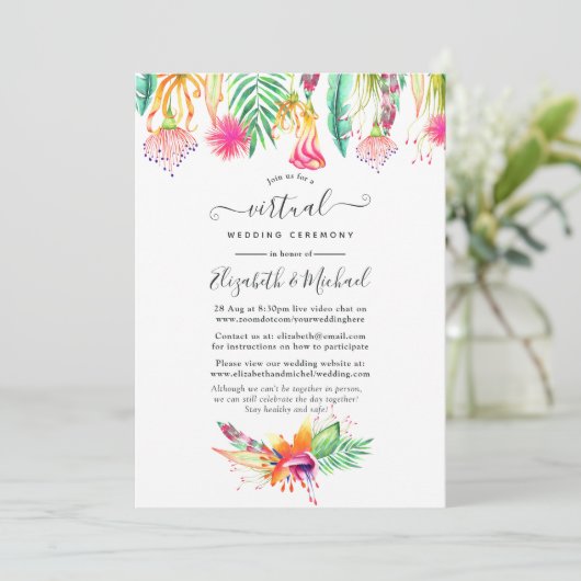 Blumentropische Sommer-Online-Virtuelle Hochzeit Einladung (Stehend Vorderseite)