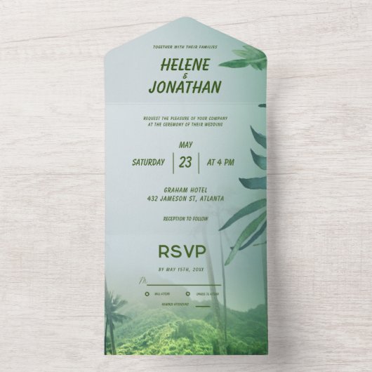 Blumentropischer Palmenbaum Grüner Strand Hochzeit All In One Einladung (Innen Boden)