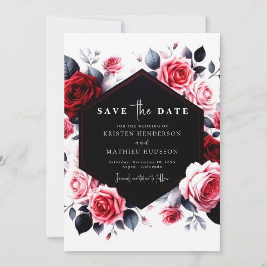 Blumentypografie Crimson Red Wedding Save The Date (Vorderseite)
