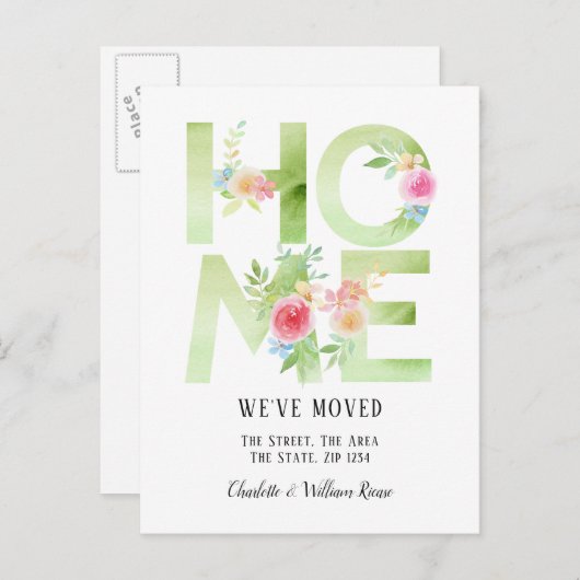 Blumentypografie, die wir auf Zuhause übertragen h Ankündigungspostkarte (Vorne/Hinten)