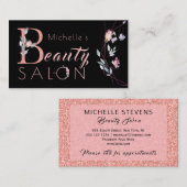 Blumentypografie Glitzer Pink Black Glam Salon Visitenkarte (Vorne/Hinten)