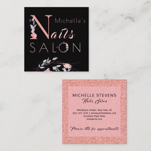 Blumentypografie Glitzer Pink Black Nails Salon Quadratische Visitenkarte (Vorne/Hinten)