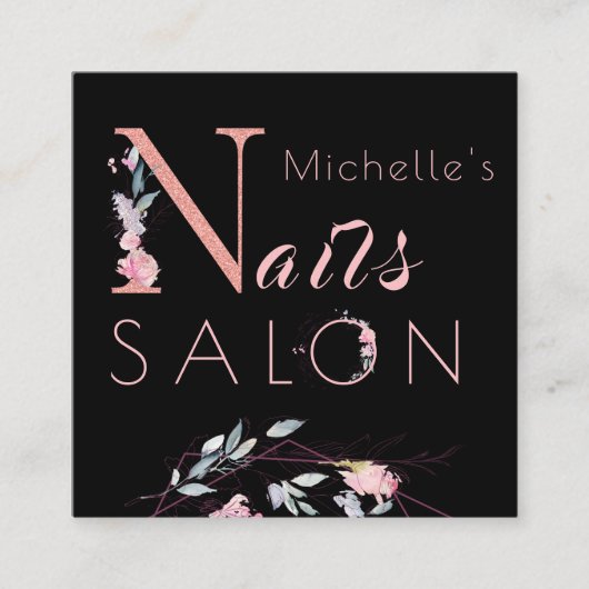 Blumentypografie Glitzer Pink Black Nails Salon Quadratische Visitenkarte (Vorderseite)
