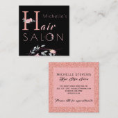 Blumentypografie Glitzer Rosa Schwarzer Haarsalon Quadratische Visitenkarte (Vorne/Hinten)