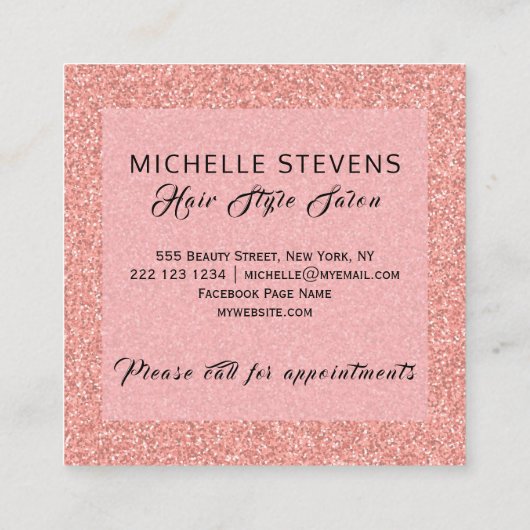 Blumentypografie Glitzer Rosa Schwarzer Haarsalon Quadratische Visitenkarte (Rückseite)