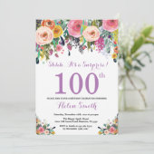 Blumenüberraschung 100. Geburtstag Einladung Lila (Stehend Vorderseite)