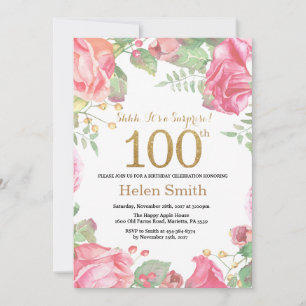 Blumenüberraschung 100. Geburtstags-Gold-Glitzer Einladung