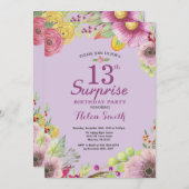 Blumenüberraschung 13. Geburtstag Einladung Lila (Vorne/Hinten)