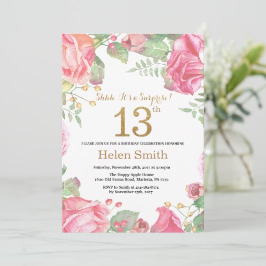 Blumenüberraschung 13. Geburtstag Gold Glitzer Einladung (Stehend Vorderseite)
