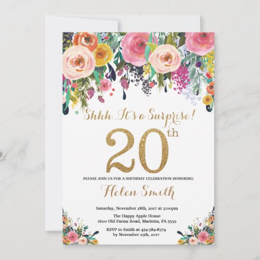 Blumenüberraschung 20. Geburtstag Einladung Gold (Vorderseite)