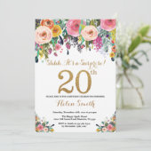 Blumenüberraschung 20. Geburtstag Einladung Gold (Stehend Vorderseite)