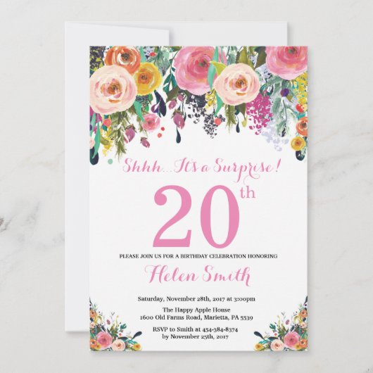 Blumenüberraschung 20. Geburtstag Einladung Pink (Vorderseite)