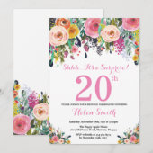 Blumenüberraschung 20. Geburtstag Einladung Pink (Vorne/Hinten)