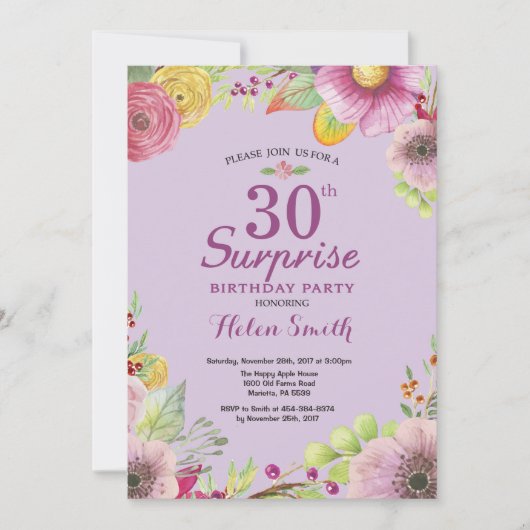 Blumenüberraschung 30. Geburtstag Einladung Lila (Vorderseite)