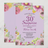 Blumenüberraschung 30. Geburtstag Einladung Lila (Vorne/Hinten)