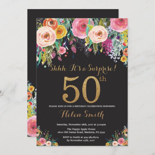 Blumenüberraschung 50. Geburtstag Einladung Gold (Vorne/Hinten)