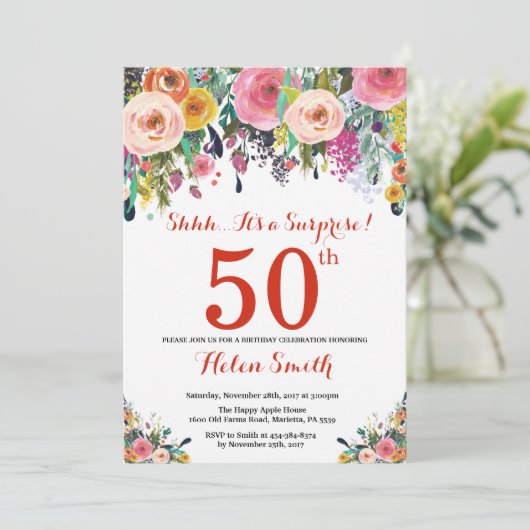 Blumenüberraschung 50. Geburtstag Einladung Rot (Stehend Vorderseite)