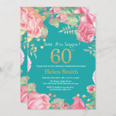 Blumenüberraschung 60. Geburtstag Gold und Aquamar Einladung (Vorne/Hinten)
