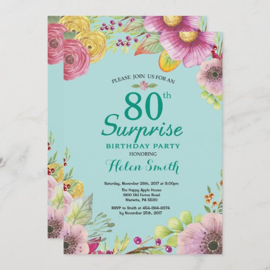 Blumenüberraschung 80. Geburtstag Einladung Aquama (Vorne/Hinten)