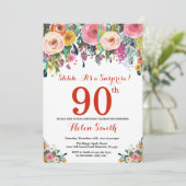 Blumenüberraschung 90. Geburtstag Einladung Rot (Stehend Vorderseite)