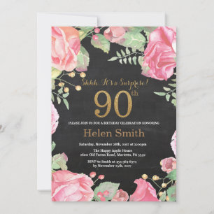 Blumenüberraschung 90. Geburtstag Gold Glitzer Einladung