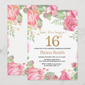 Blumenüberraschungs-16. Geburtstags-GoldGlitzer Einladung (Vorne/Hinten)