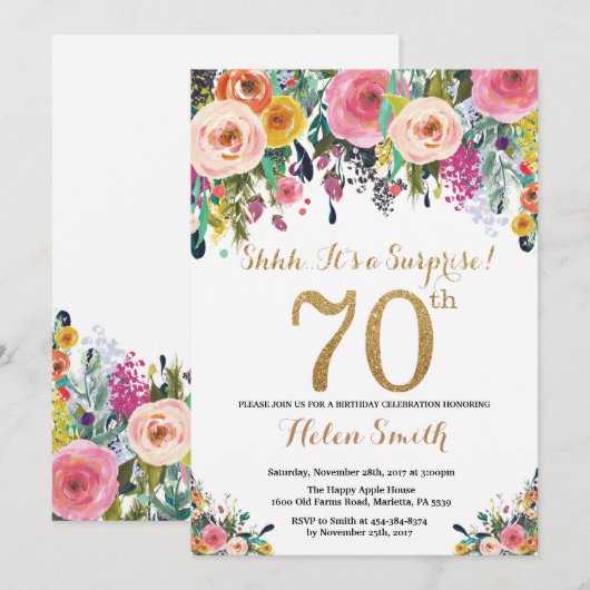 Blumenüberraschungs-70. Einladung (Vorne/Hinten)