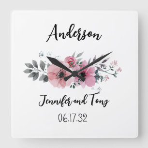 Blumenuhr Rosa Blume und Hochzeitsgeschenk für Ros Quadratische Wanduhr